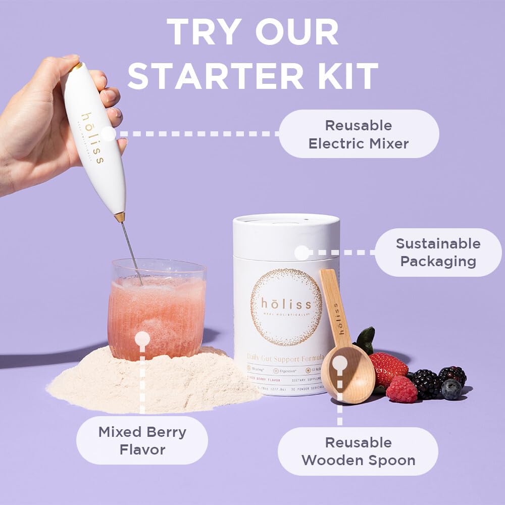 HOLISS Daily Gut Health Kit – 6-in-1 All Natural Supplement, Bloat & Gas Aid, GI Lining Repair, IBS Support – Lemon Balm, L-Glutamine, PepZinGI, Mixed Berry, 30 Servings, Electric Mixer & Spoon HOLISS uk supplements