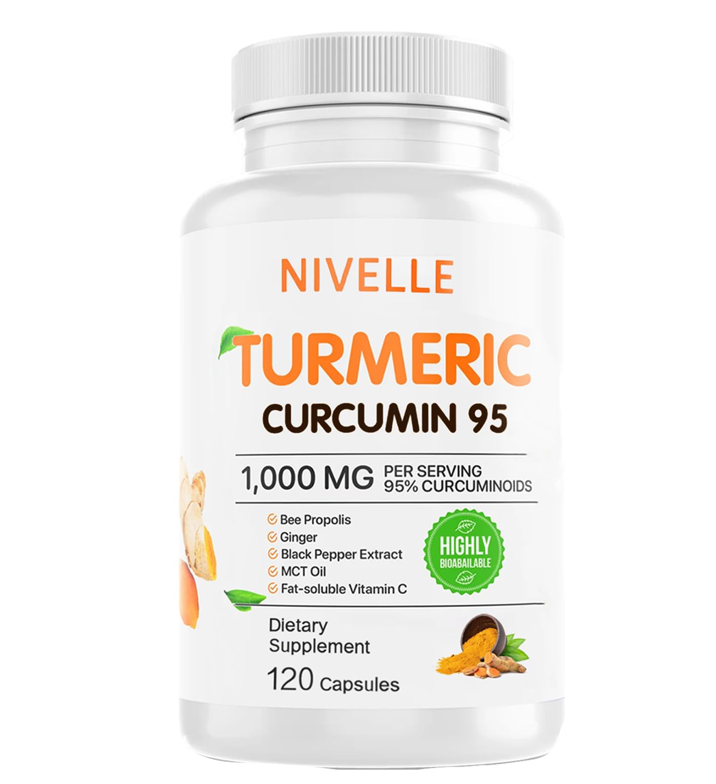 NIVELLE Turmeric Curcumin | Pure Turmeric Curcumin Supplement 1000mg | 95% Curcuminoids with Bee Propolis, Ginger, MCT Oil, Fat Soluble Vitamin C, & Black Pepper | 120 Capsules (1) NIVELLE uk supplements