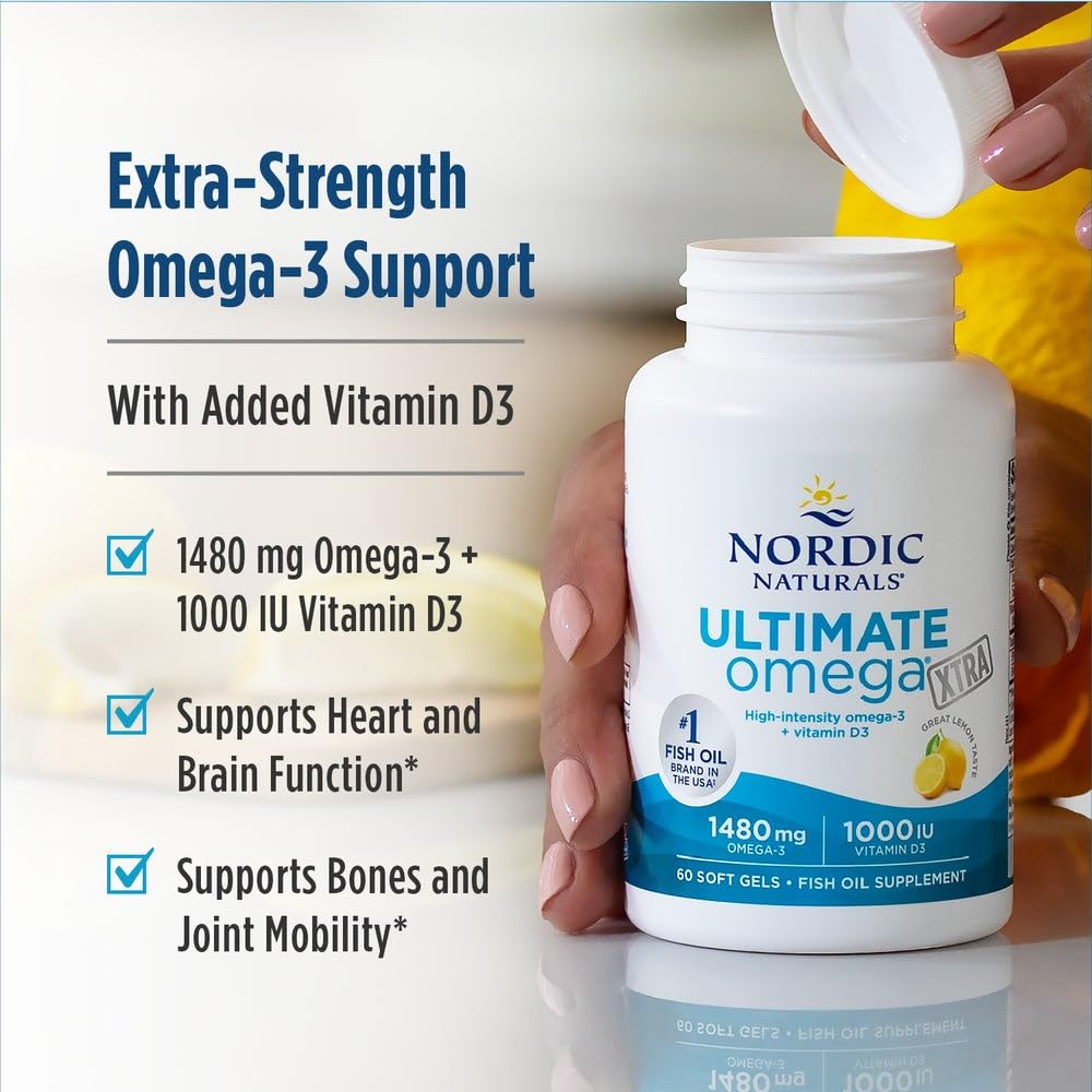 Nordic Naturals Ultimate Omega Xtra, Lemon Flavor - 60 Soft Gels - 1480 mg Omega-3 + 1000 IU Vitamin D3 - EPA & DHA - Brain, Heart, & Immune Health - 30 Servings Nordic Naturals uk supplements