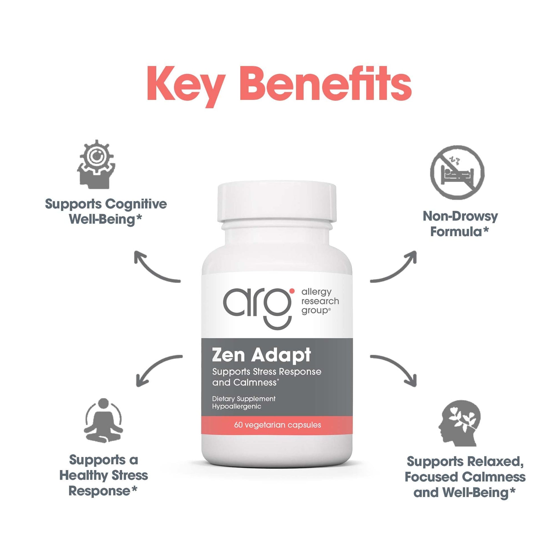 ARG Zen Adapt - 200 mg L-Theanine, 125 mg Ashwagandha & 550 mg GABA - Supports Stress Response and Calmness - Vegetarian Capsules - Hypoallergenic Formula - 30 Servings - 60 Capsules Allergy Research Group uk supplements