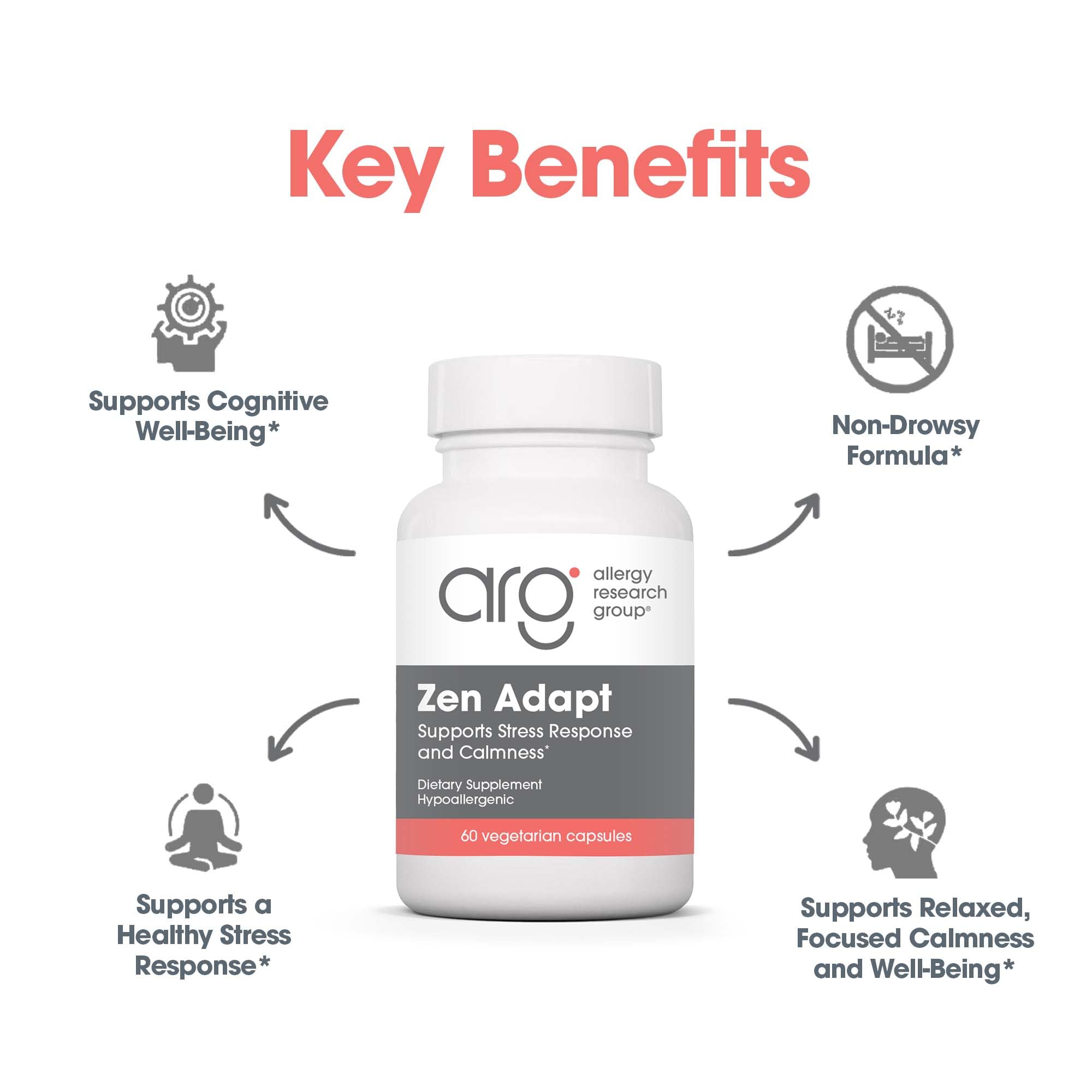 ARG Zen Adapt - 200 mg L-Theanine, 125 mg Ashwagandha & 550 mg GABA - Supports Stress Response and Calmness - Vegetarian Capsules - Hypoallergenic Formula - 30 Servings - 60 Capsules Allergy Research Group uk supplements