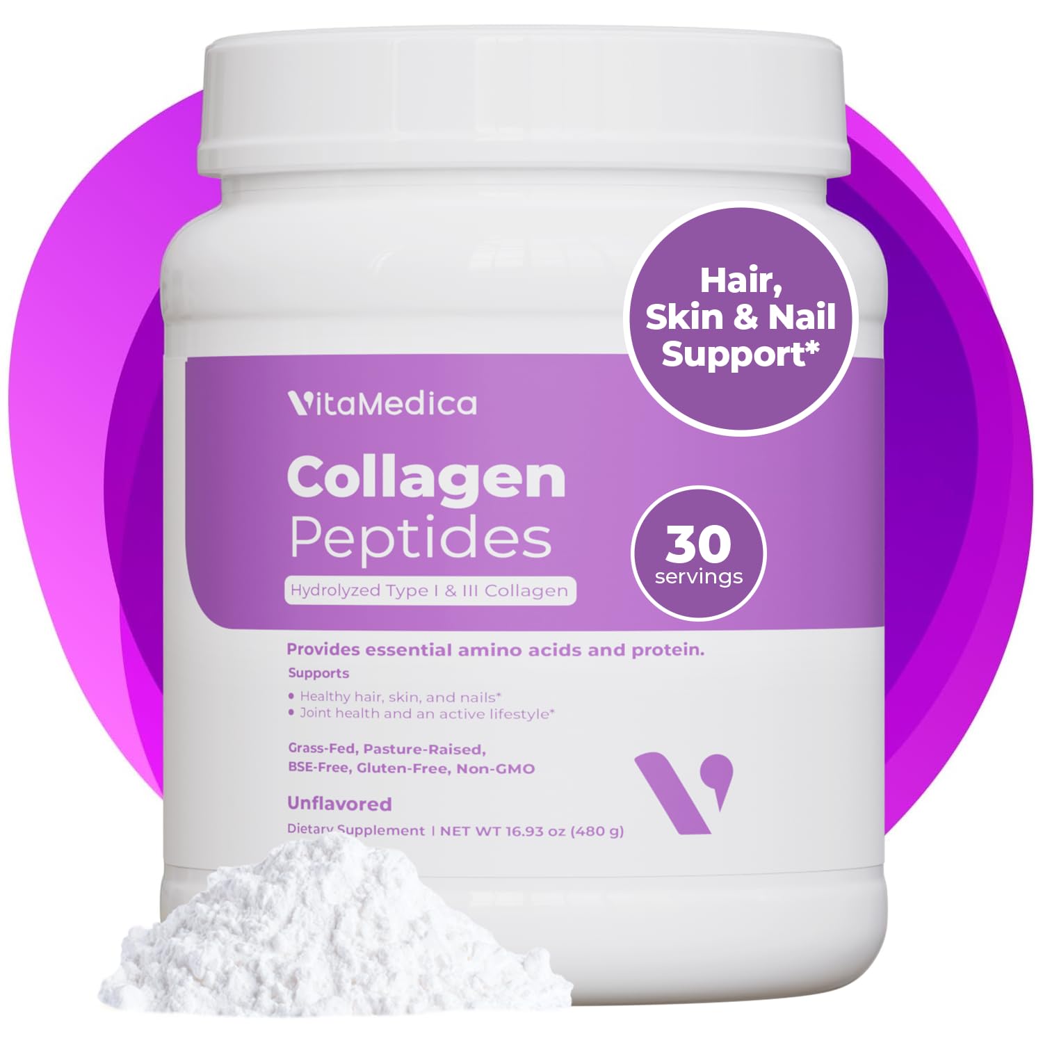 VitaMedica Collagen Peptides Powder for Women & Men - Healthy Hair, Skin, Nails, Bones and Joints - Hydrolyzed Types I & III, Grass-Fed, Pasture-Raised Protein, Zero Sugar - 30 Servings VitaMedica uk supplements
