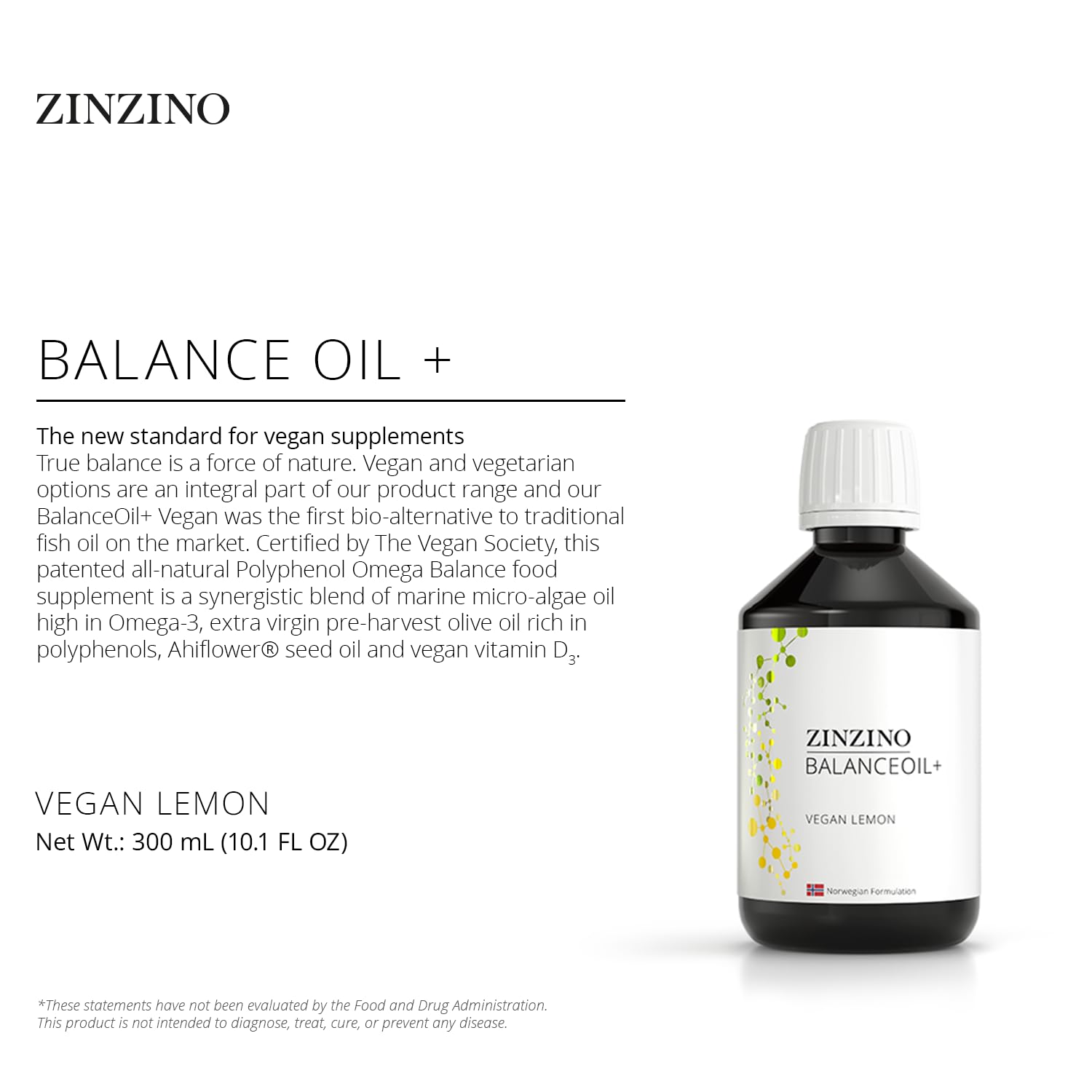 Zinzino - BalanceOil+ Vegan Lemon, Synergistic Blend with Marine Micro-Algae, Olive Oil, Ahiflower Seed Oil, Vegan Vitamin D3-300 ml ZINZINO uk supplements