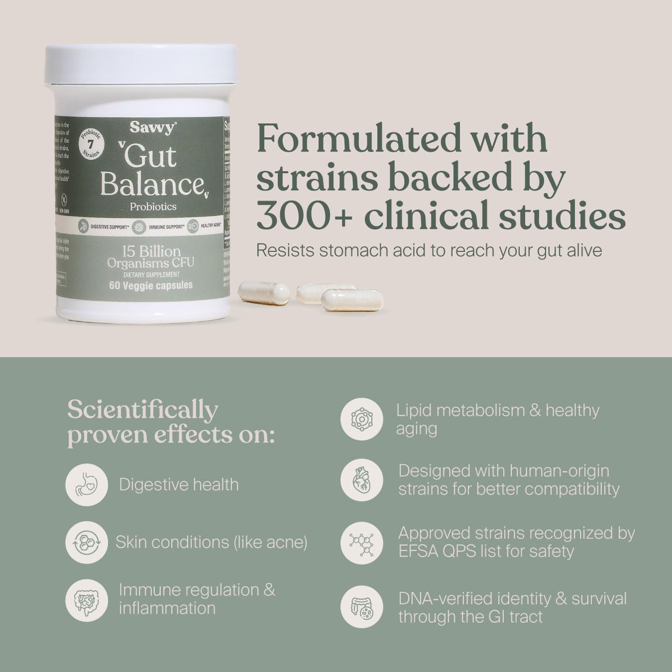 SAVVY Gut Balance Probiotics for Women & Men, 15 Billion CFU, 7 Clinically Studied Strains, Digestive Health, Immune Support, Bloating Relief, 60 Vegan Capsules, Non GMO, Sugar-Free SAVVY uk supplements