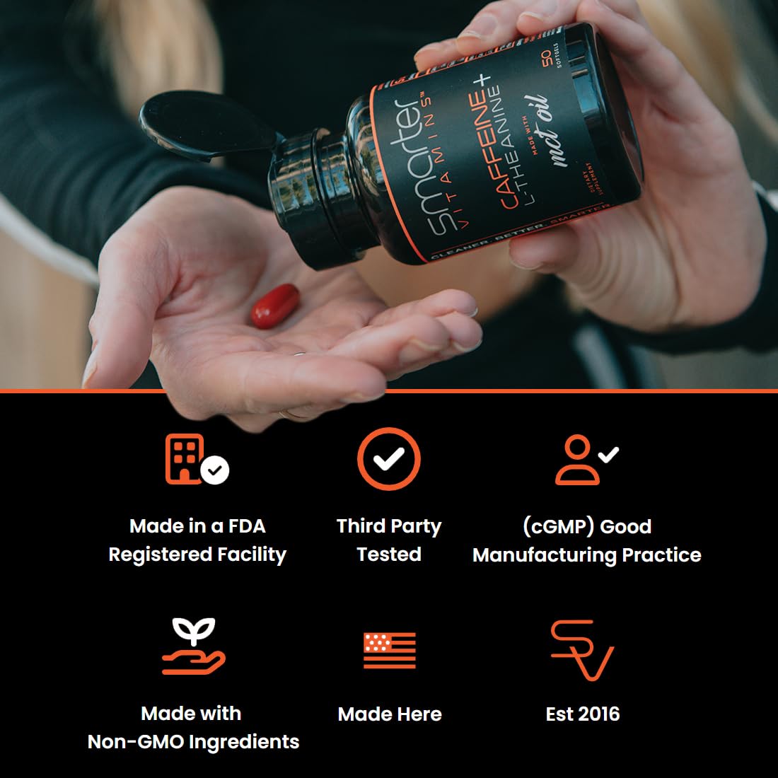 SmarterVitamins 200mg Caffeine Pills - MCT Oil from 100% Coconuts + 100mg L-Theanine, Energy and Focus, Extended Release Capsule, 50 Liquid Softgels SmarterVitamins uk supplements