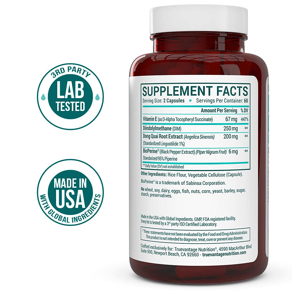 DIM Supplement 250mg (Diindolylmethane)-Plus Dong Quai, Natural Vitamin E & BioPerine - Supports Menopause Relief & Hormonal Acne -Hormone Balance Support for Women and Men-Veggie Caps Truevantage Nutrition uk supplements
