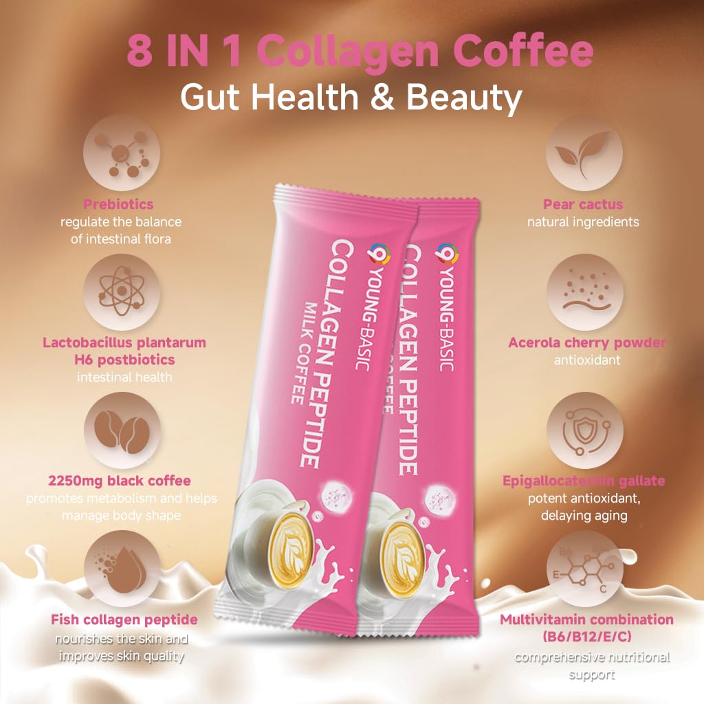 Collagen Peptide Milk Coffee - Rich in Premium Marine Fish Collagen Peptides, Multivitamins (B6/B12/C/E) and Prebiotics, Instant Milk Coffee with Creamer for Skin, Antioxidant, Aging and Gut Health 9 YOUNG-BASIC uk supplements