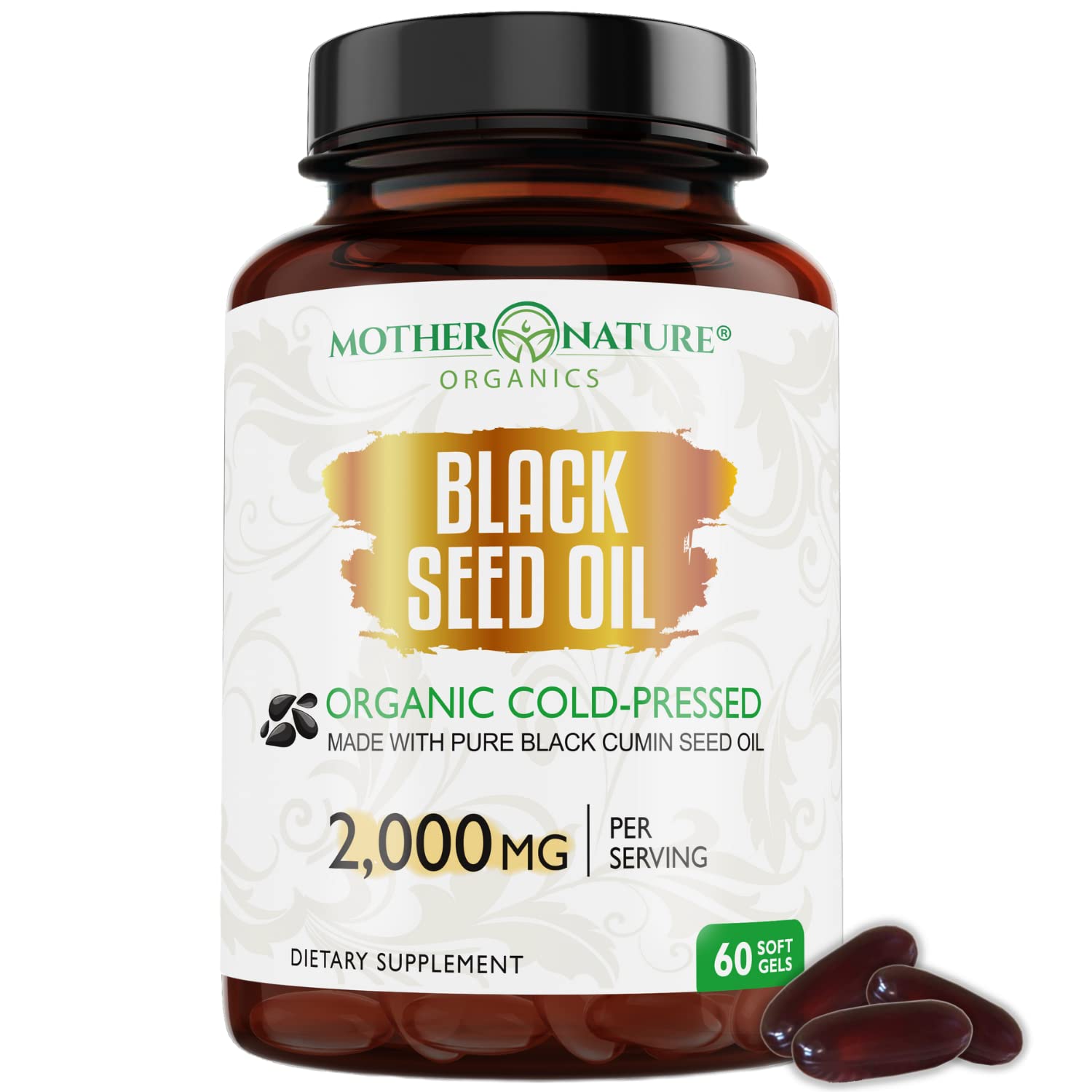 Organic Black Seed Oil 2000mg - 60 Softgel Capsules (Non-GMO) Premium Cold-Pressed Mother Nature Organics Superfoods for Organic Living uk supplements