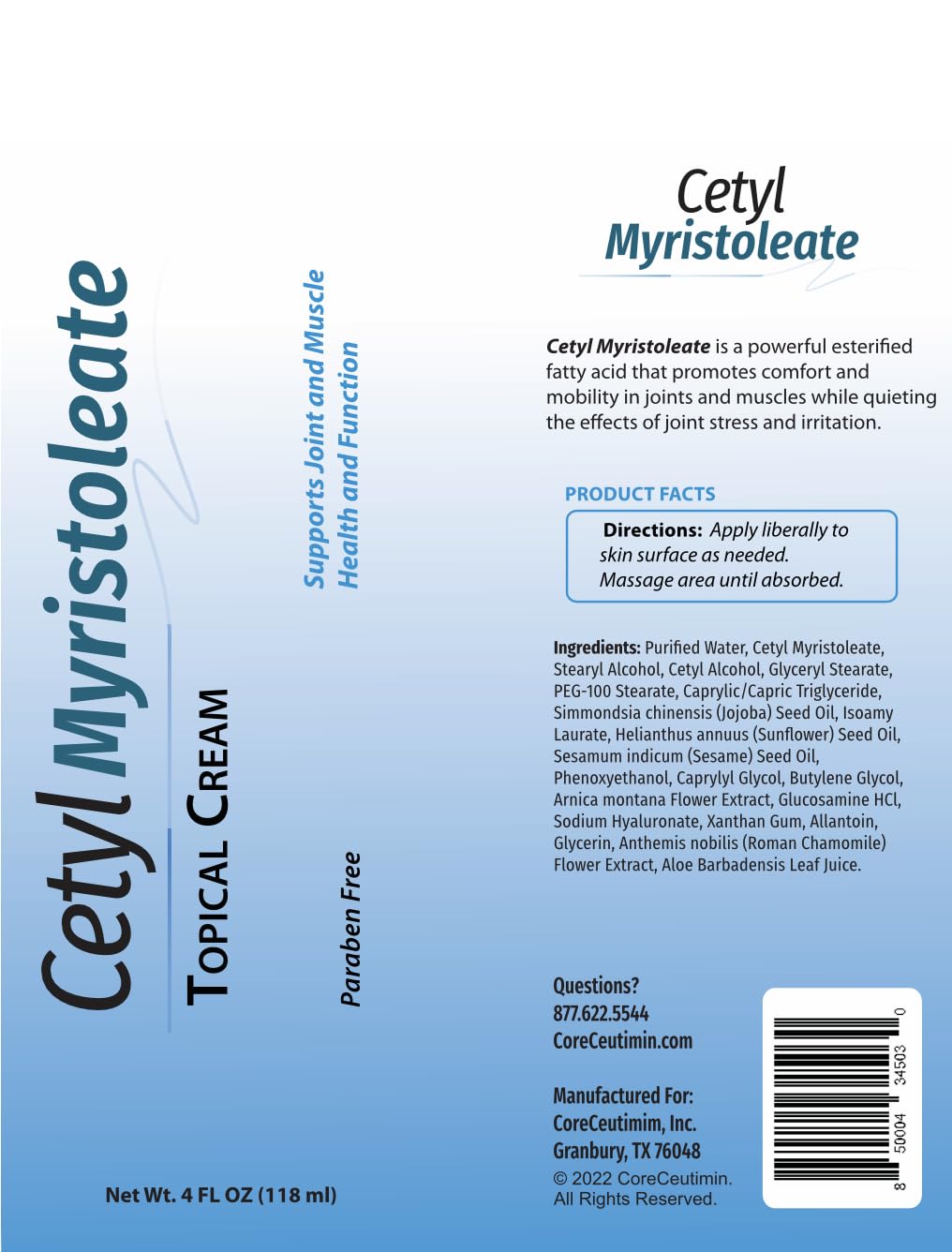 Cetyl Myristoleate Topical Cream Omega 5 Fatty Acid - Helps Reduce Joint and Muscle Discomfort - Includes Arnica, Glucosamine, Aloe,Jojoba, Sunflower & Sesame Seed Oil - 4oz. by Coreceutimin CoreCeutimin uk supplements