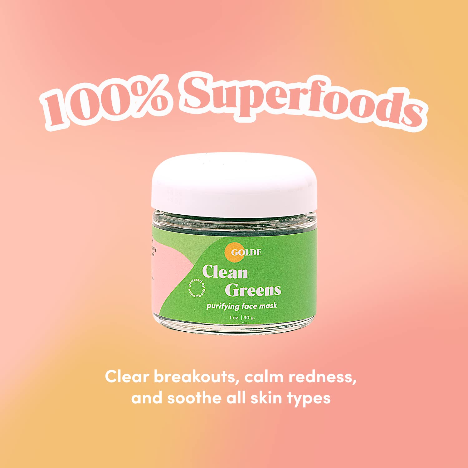 GOLDE - Clean Greens Superfood Face Mask - Made w/Chlorella & Spirulina - Great for Acne Prone, Oily & Dry Skin, Hydrating - Gentle Cleanser - Vegan - Aluminum-Free - 30g Jar GOLDE uk supplements