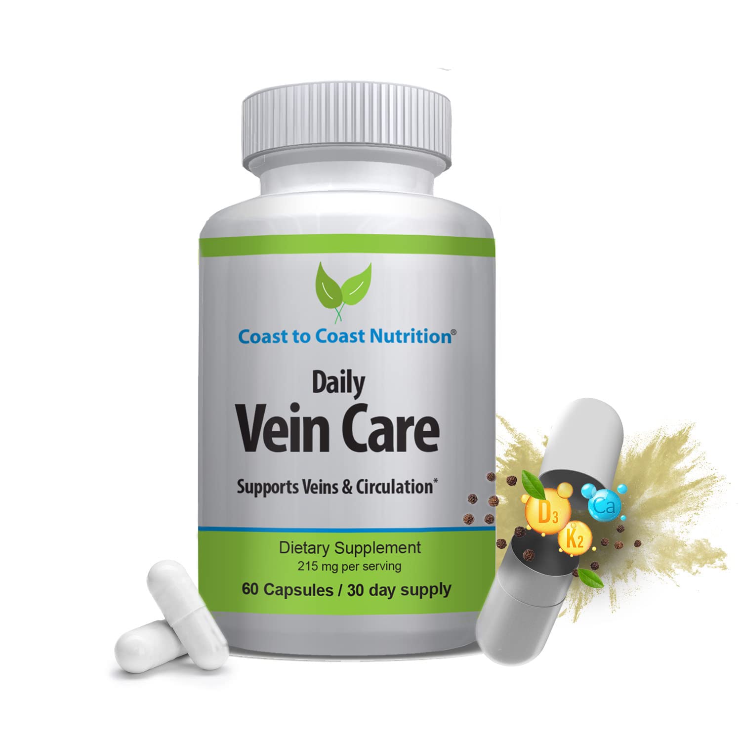 Coast to Coast Nutrition Daily Vein Care Supplement Capsules — Circulation Formula with a Natural Blend of Calcium, Vitamin D3, Vitamin K2 Plus BioPerine for Max Absorption Vein Formula — 60 Capsules Coast to Coast Nutrition uk supplements