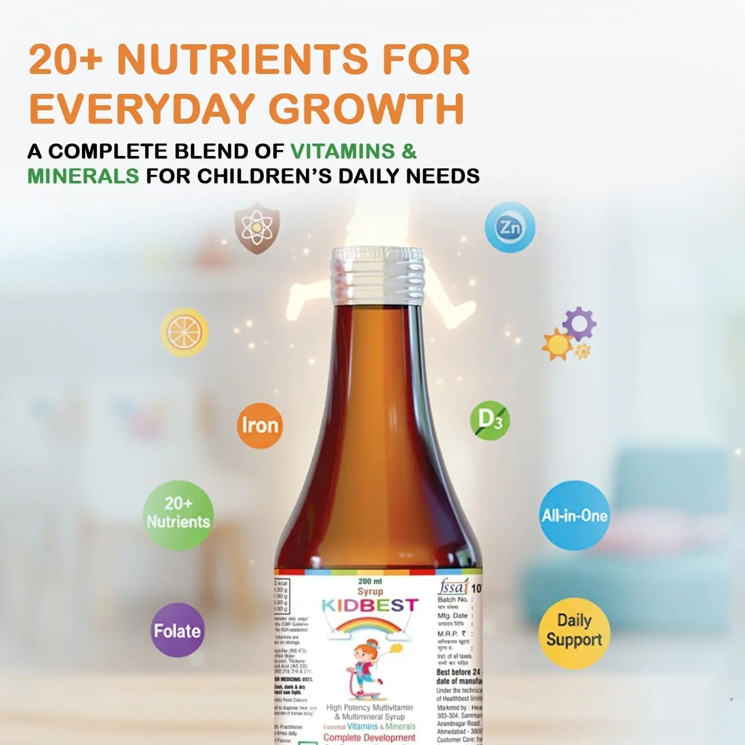 Kidbest Multivitamin Syrup for Kids 3-13 Years – Liquid Formula with 20 Nutrients for Appetite, Immunity, and Growth – Tasty Daily Vitamins HealthBest uk supplements
