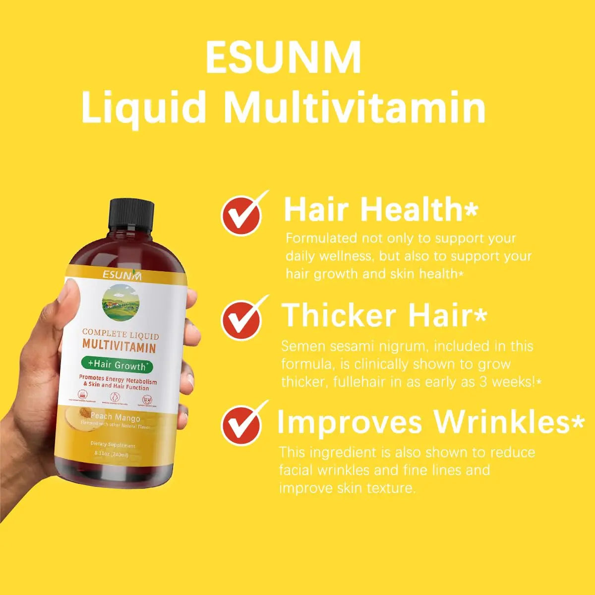 ESUNM Complete Liquid Multivitamin + Hair Growth, Promotes Energy Metabolism& Skin and Hair Function| Vitamin C D | B Vitamins | ESUNM uk supplements
