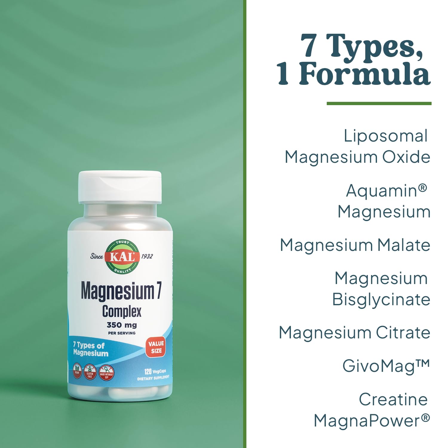 KAL Magnesium Complex 7 - Total Complex with Magnesium Glycinate, Citrate, Malate and More - Relaxation and Whole Body Support Supplements - Vegan, 60-Day Guarantee - 60 Servings - 120 VegCaps KAL uk supplements