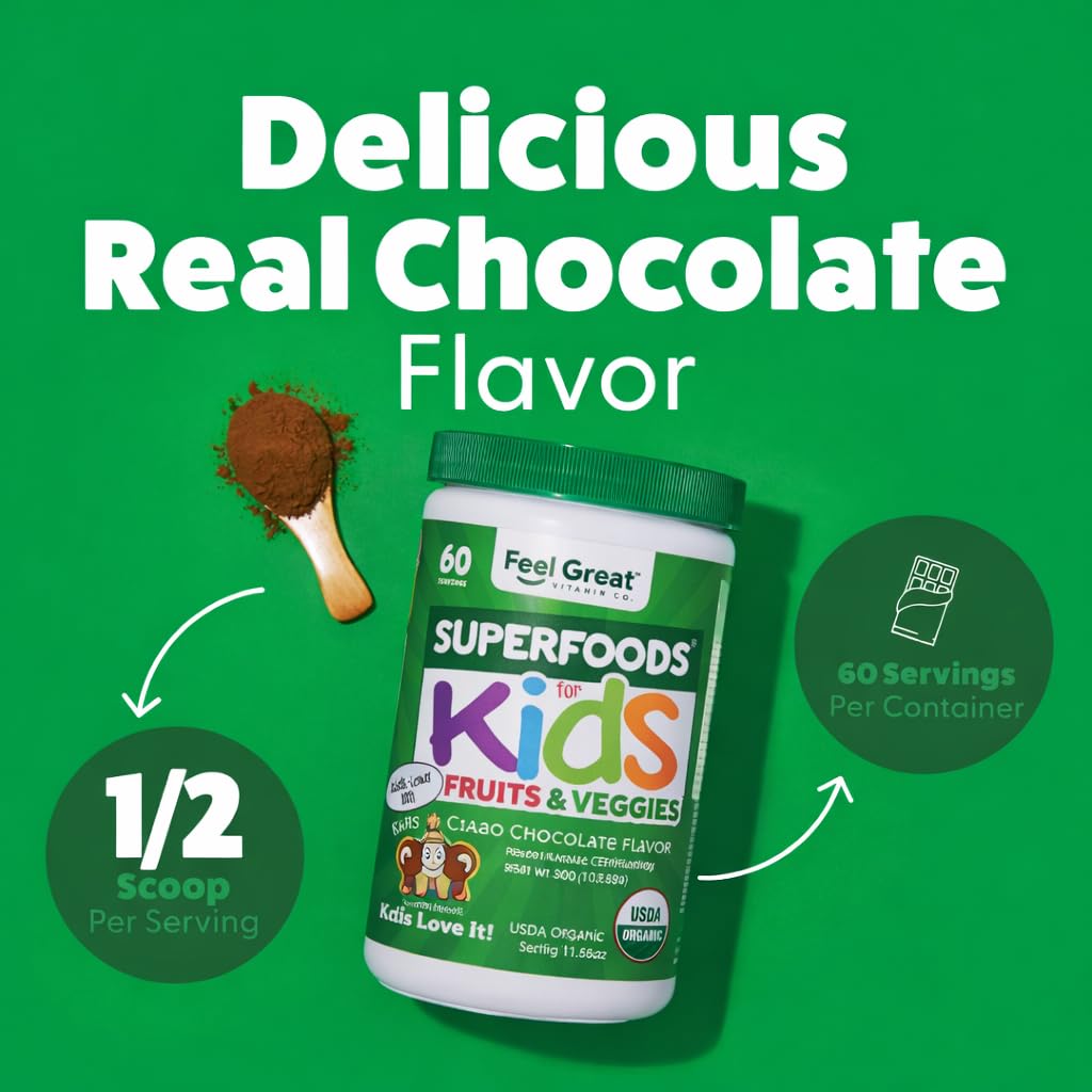 Feel Great USDA Organic Super Greens Powder for Kids - Cocao Chocolate | Fruit & Veggie Supplement | Superfood Powder with Probiotics & Digestive Enzymes for Digestive Health | 60 Days Supply The Feel Great Vitamin Company uk supplements