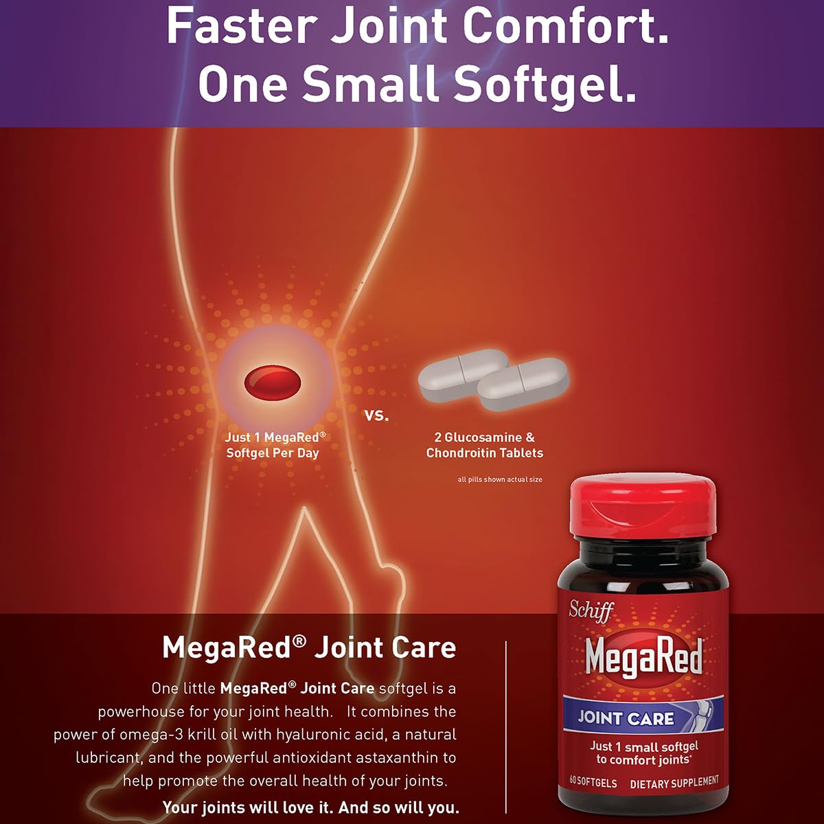 Omega-3 Krill Oil and Joint Supplement - Megared Joint Care 60 softgels - EPA/DHA fatty acids, Antioxidants, Hyaluronic acid, No fishy burp aftertaste as with Fish Oil MegaRed uk supplements