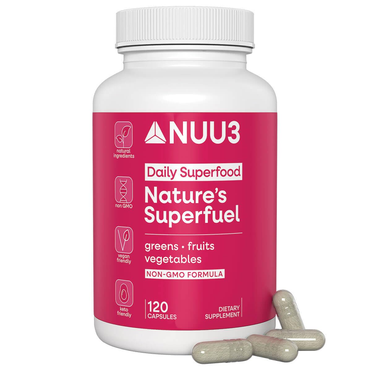 NUU3 Nature’s Superfuel Provides Daily Nutritional Support for Immunity, Wellness, Active Lifestyle & Well-Being - Vitamins Minerals & Antioxidants - 120 Capsules NUU3 uk supplements