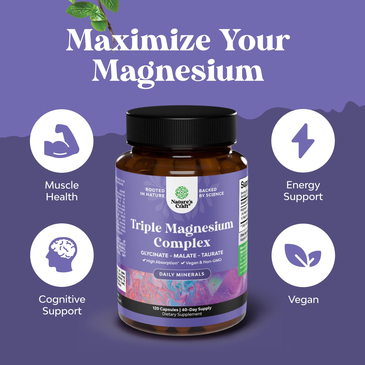 Triple Magnesium Complex Supplement - High Absorption Magnesium Glycinate, Malate & Taurate Blend for Muscles, Energy Support & Heart Health - Triple Mg Complex 400 mg Capsules - 120 Count Natures Craft uk supplements