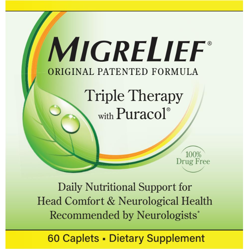 MigreLief Original Triple Therapy with Puracol - Nutritional Support for Migraine Sufferers - 60 Caplets/1 Month Supply MigreLief uk supplements