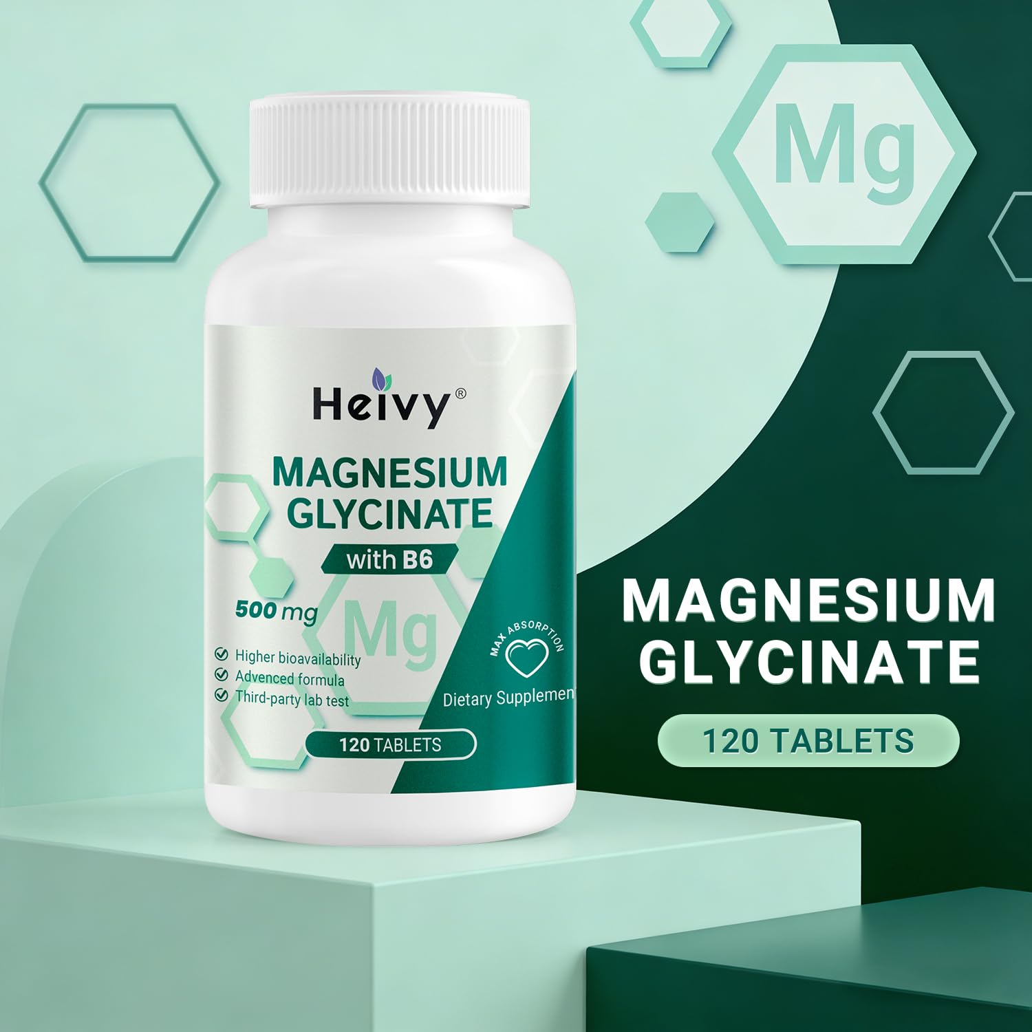Heivy Pure Magnesium Glycinate 500mg with Vitamin B6, 100% Chelated & Purified Supports Nerve Relife, Sleep Aid & Muscle Support, Vegan & Non-GMO, Made in USA, 3rd Party Tested, 120 Tablets Heivy uk supplements