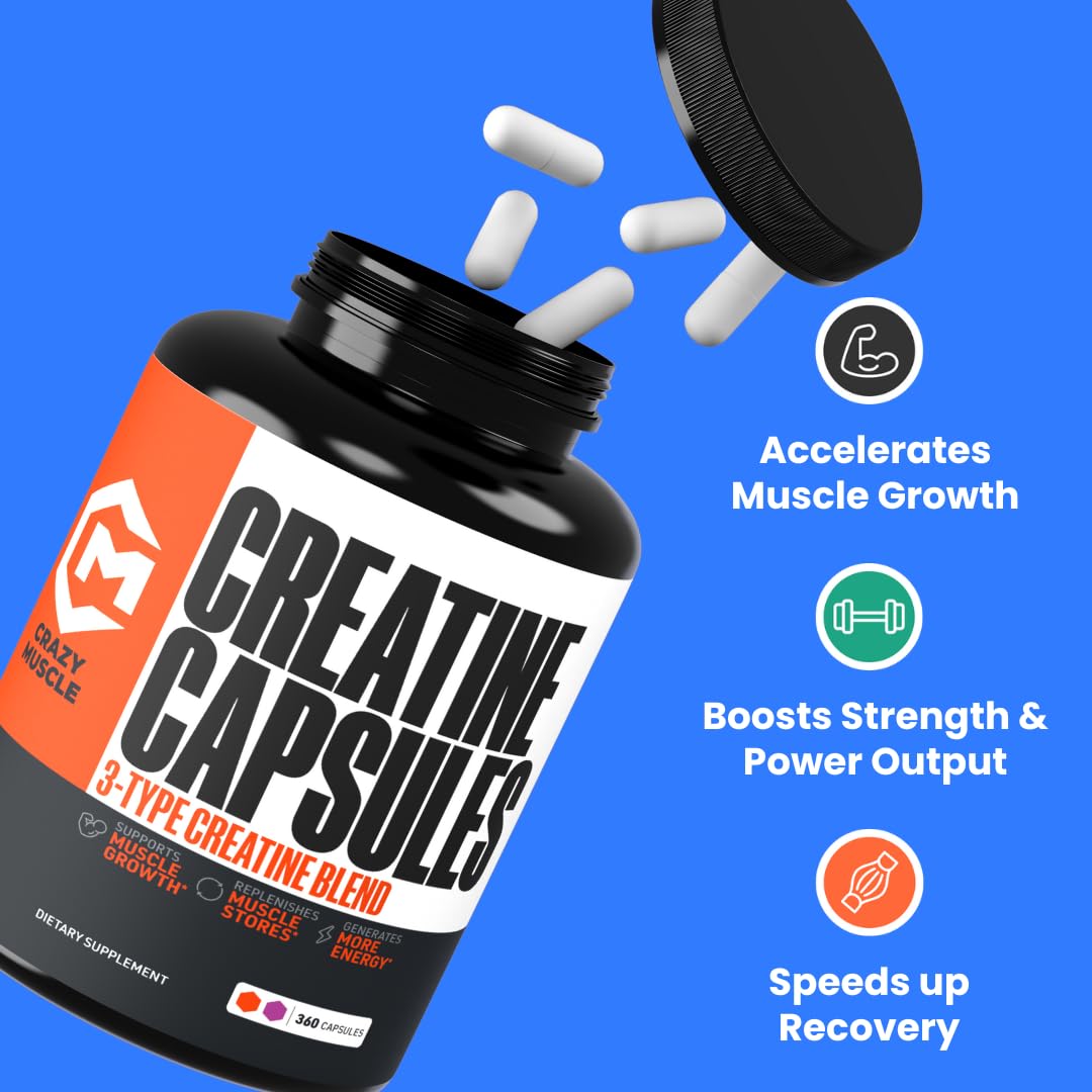 Creatine Capsules, 5g Premium 3X ThreeAtine Pre Workout Bulk Muscle Mass Gainer, High Absorption Easy to Take Creatine Monohydrate Pills Alternative Optimum Performance for Men Women, 180 Capsules Crazy Muscle uk supplements
