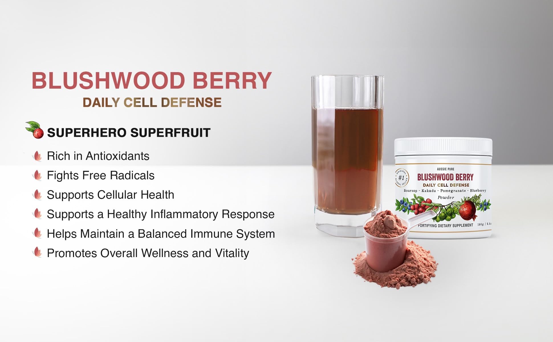 Aussie Pure Blushwood Berry Superfruit Daily Cell Defense - Soursop - Kakadu Plum - Pomegranate - Blueberry - Immune and Cell Support Powder - All Ages - Lab Tested and Authenticated - 180g/6.4oz Aussie Pure uk supplements