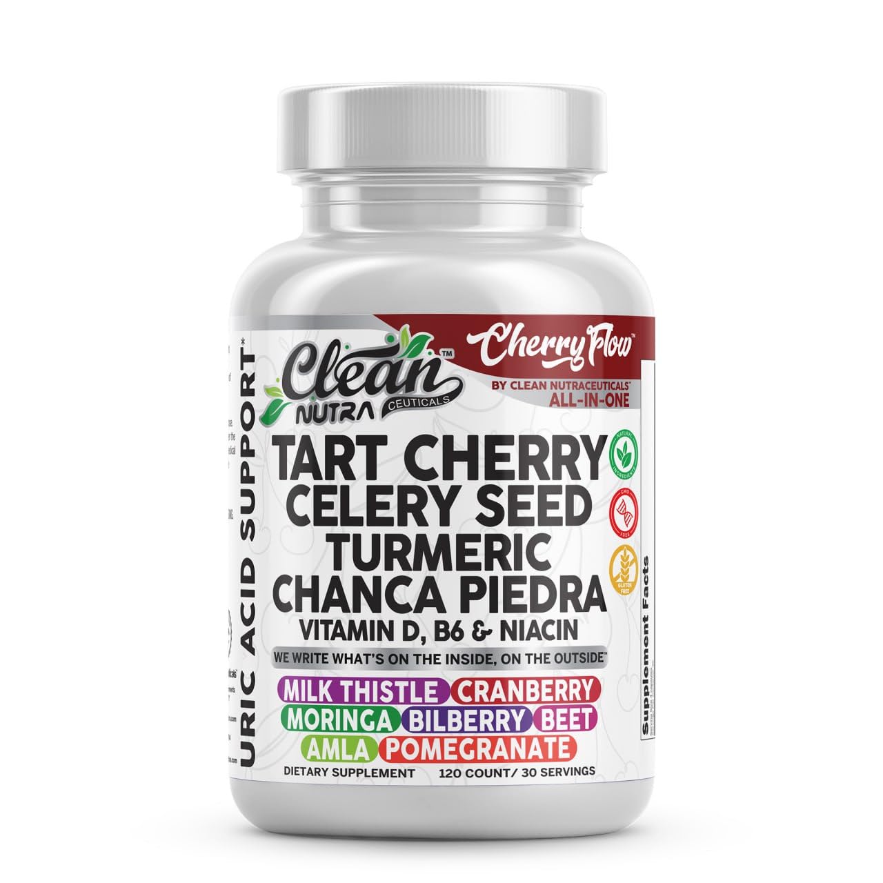 Cherry Flow Tart Cherry Capsules Uric Acid Support Celery Seed Turmeric Chanca Piedra Vitamin D Vitamin B6 Niacin Milk Thistle Moringa Extract Pomegranate Beets 90 Count By Clean Nutra Clean Nutraceuticals uk supplements