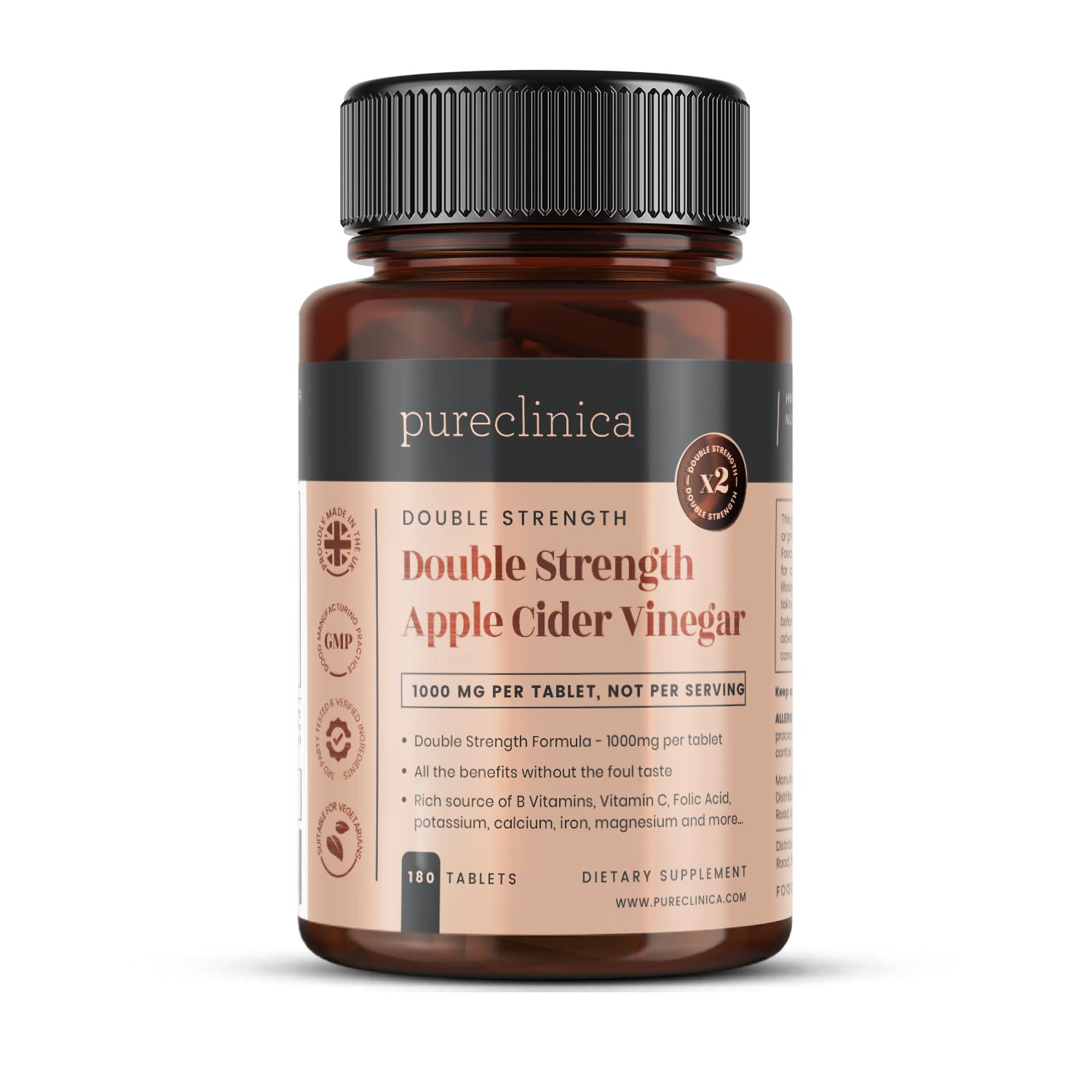 Double Strength Apple Cider Vinegar 1000mg x 180 Tablets (6 Months Supply) pureclinica uk supplements