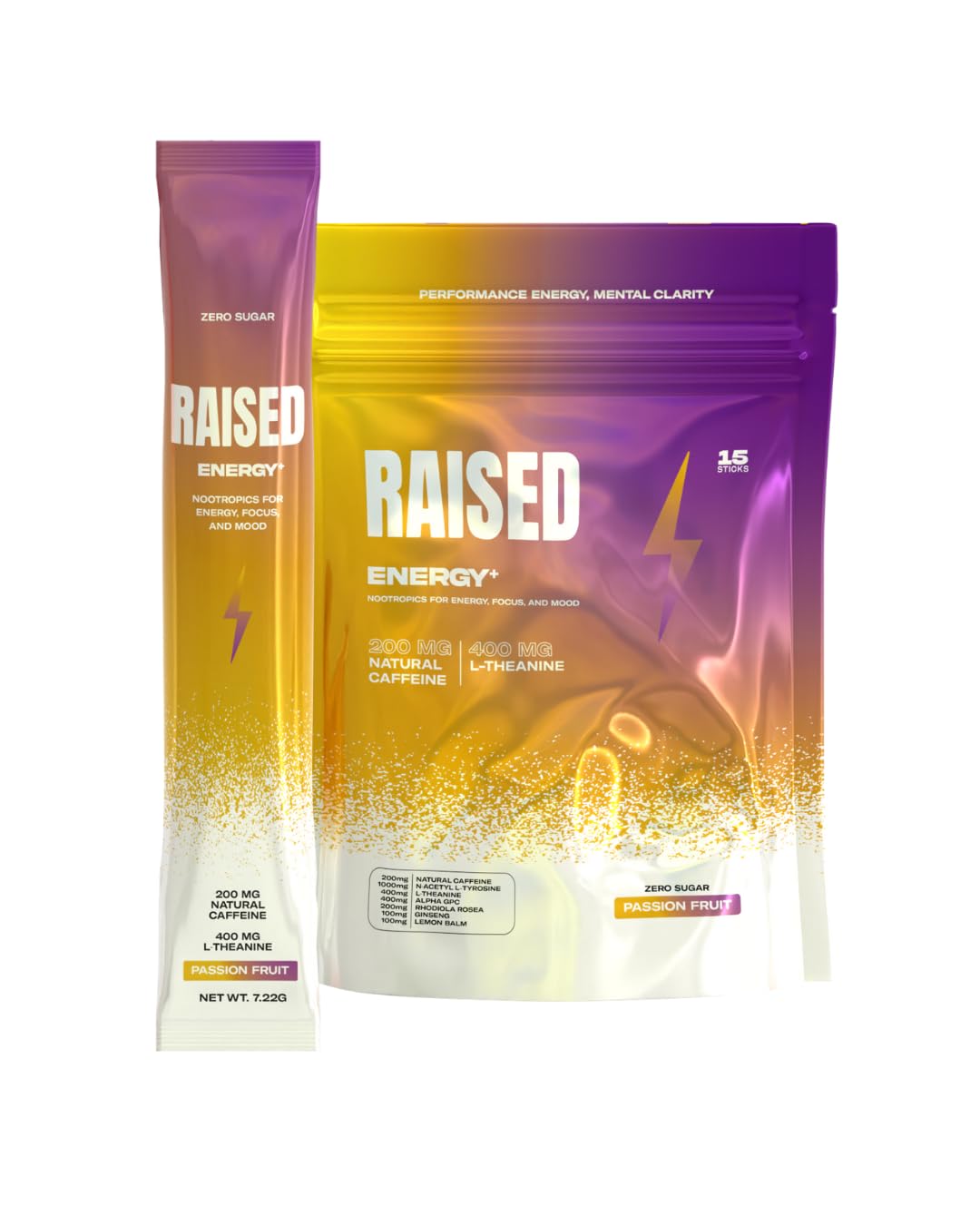 Raised Energy+ Nootropic Drink Mix | 200mg Natural Caffeine + L-Theanine | Zero Sugar | Clean Energy Powder for Focus, Mood & Motivation | 15 Stick Packs | Passion Fruit Flavor Raised uk supplements