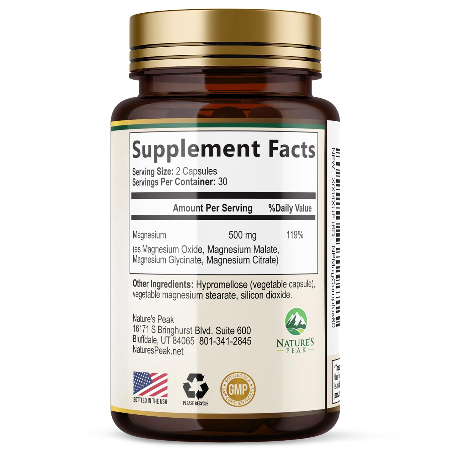 Magnesium Complex Supplement - Magnesium 500mg Per Serving - High Absorption Blend of Glycinate, Citrate, Malate, Oxide - Supports Sleep, Muscle, Bone, Heart Health - Bottled in USA - 60 Capsules Nature's Peak uk supplements