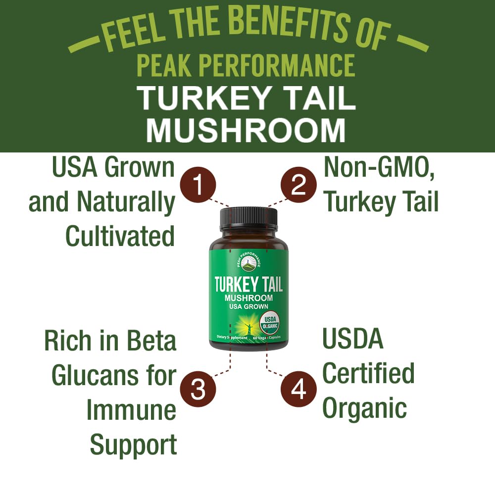 Peak Performance Organic Turkey Tail Capsules - USA Grown Made with Real Turkey Tail Mushroom. Immune System Support Naturally Harvested Mushroom Supplements for Immunity. Vegan Supplement Extract Peak Performance uk supplements