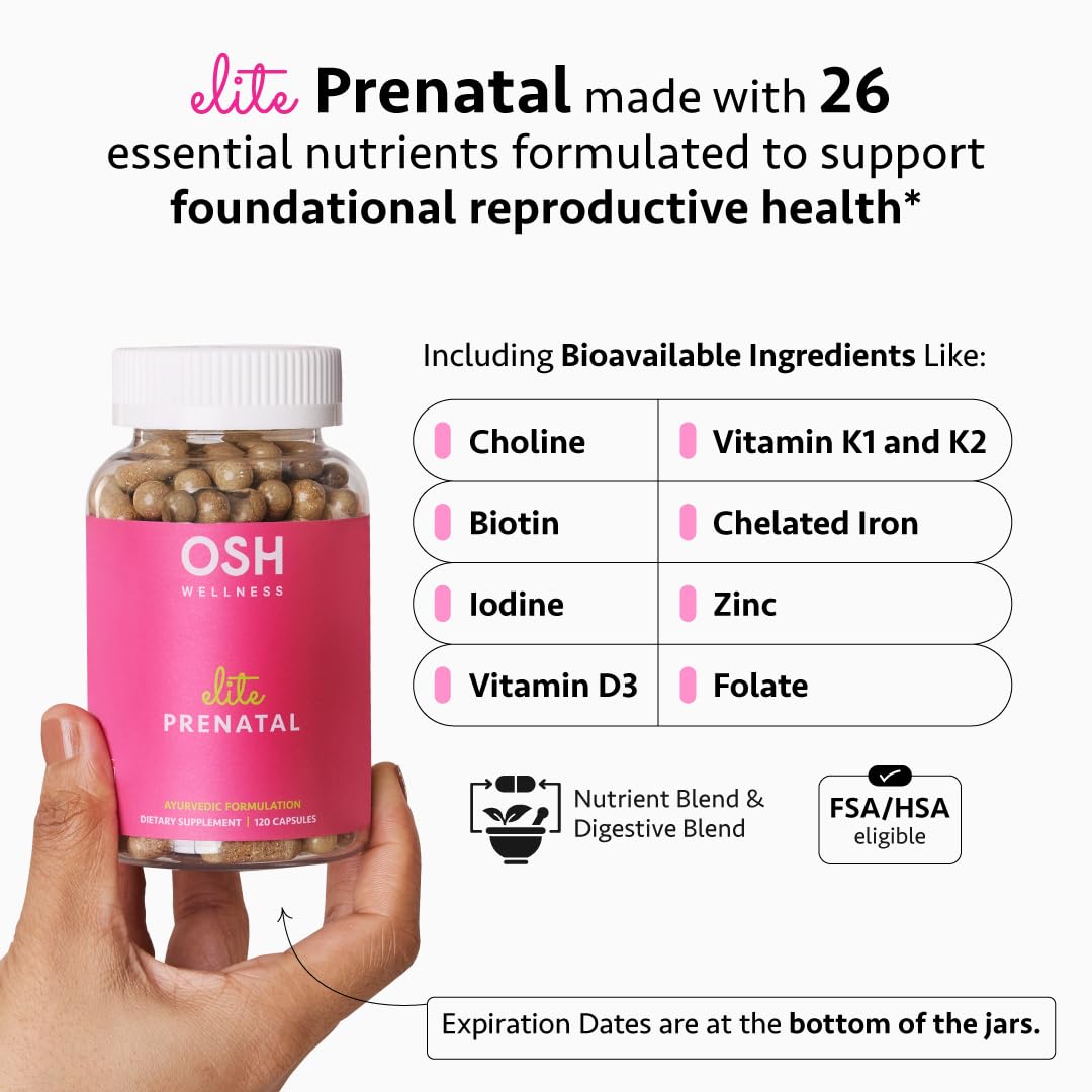 Ayurvedic Elite Prenatal Vitamins with Folate, Choline, Iron, Iodine & more | Made in USA | Optimal Bioavailability | Supports Baby's Growth and Brain Development | 30 Day Supply - OSH Wellness Freshly Moms uk supplements