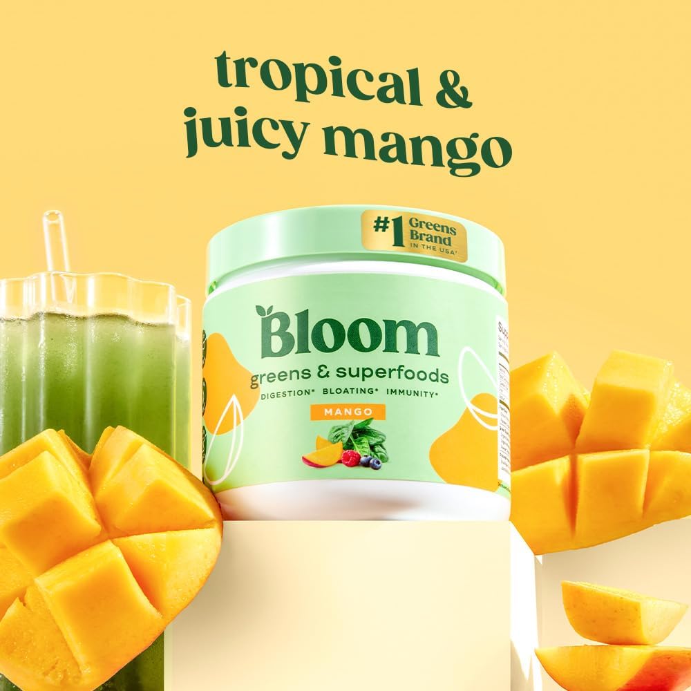 Bloom Nutrition Superfood Greens Powder, Digestive Enzymes with Probiotics and Prebiotics, Gut Health, Bloating Relief for Women, Chlorella, Green Juice Mix with Beet Root Powder, 30 SVG, Mango Bloom Nutrition uk supplements