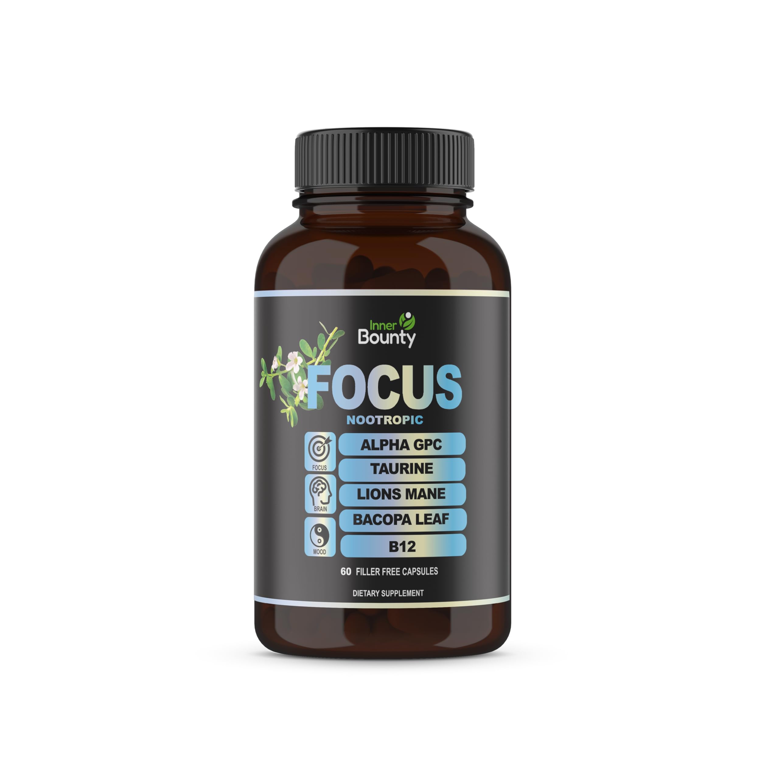 Inner Bounty Focus 14-in-1 Nootropic Brain Supplement with Lions Mane, Alpha GPC Choline, Vitamin C & B12, Taurine, Bacopa - Energy, Cognitive, Memory Support, 60 Filler Free Capsules Inner Bounty uk supplements