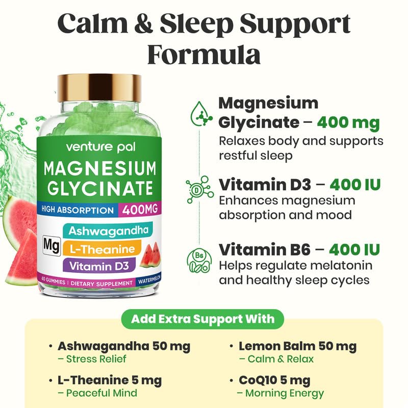 60 Day Supply Magnesium Glycinate 400mg Gummies with Ashwagandha, L-Theanine, CoQ10, Vitamin D3 & B6, Sugar Free Magnesium Gummies for Adults & Kids, Stress Relief, Sleep & Calm, Vegan, Gluten Free Venture Pal uk supplements