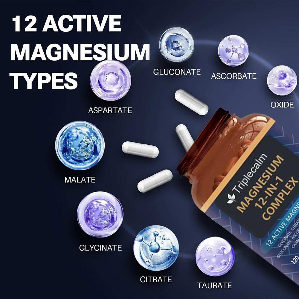 Magnesium Complex 12 in 1 Supplement - 12 Elemental 1000mg - Magnesium Glycinate, Citrate, Malate, Taurate - High Absorption,for Muscle, Nerve & Sleep Support - 120 Capsules Triplecalm uk supplements