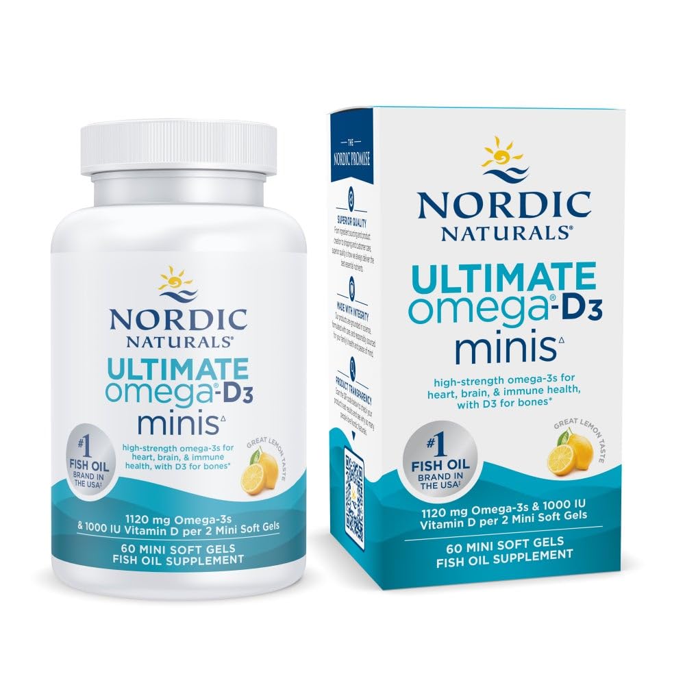 Nordic Naturals Ultimate Omega Mini D3, Lemon Flavor - 60 Mini Soft Gels - 1120 mg Omega-3 + 1000 IU Vitamin D3 - EPA & DHA - Promotes Brain & Heart Health - 30 Servings Nordic Naturals uk supplements