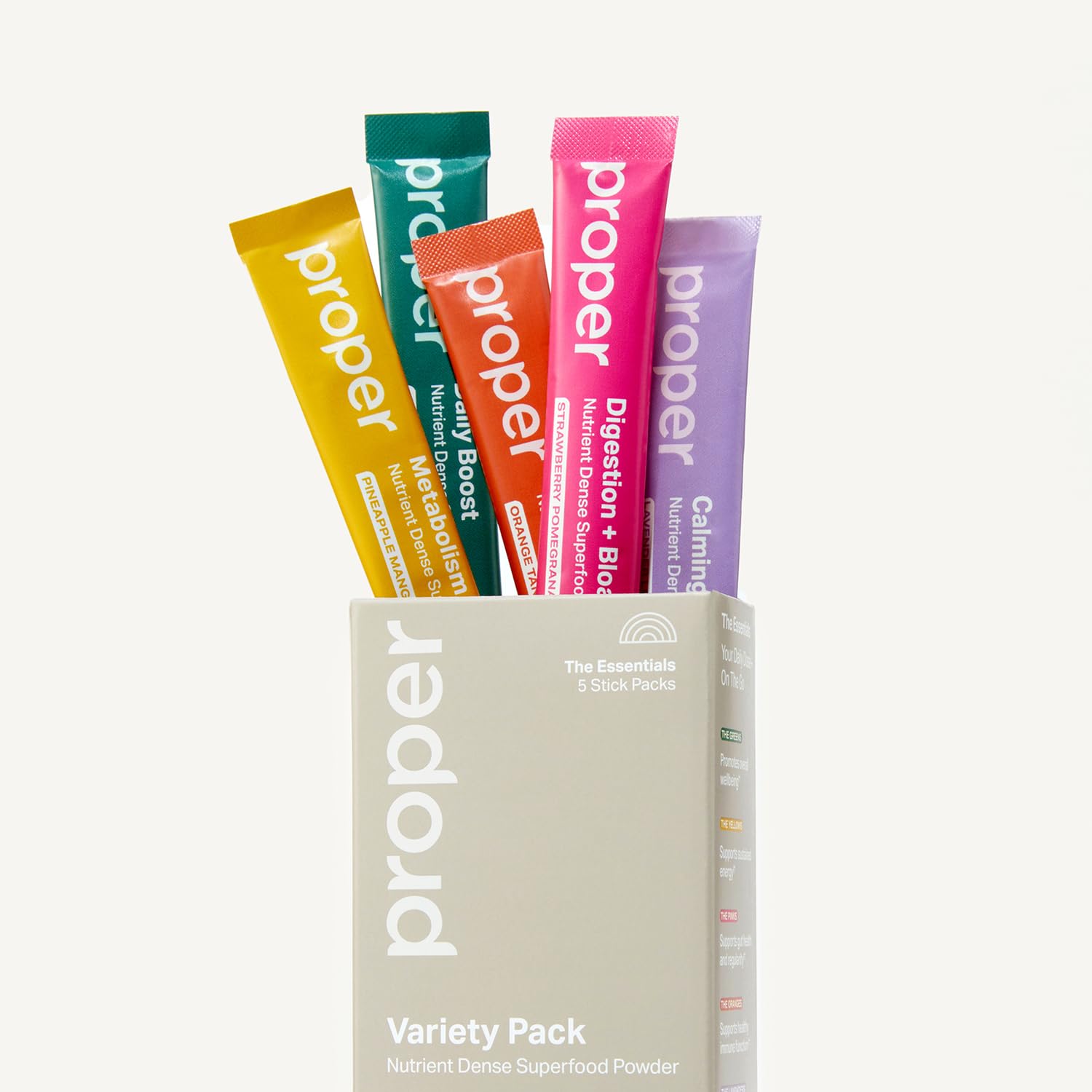 Proper The Essentials Super Foods Powder 5-Stick Variety Pack - Super Greens, Gut Health, Metabolism & Energy, Calm Magnesium Powder & Immune Support Supplement Packs Proper uk supplements