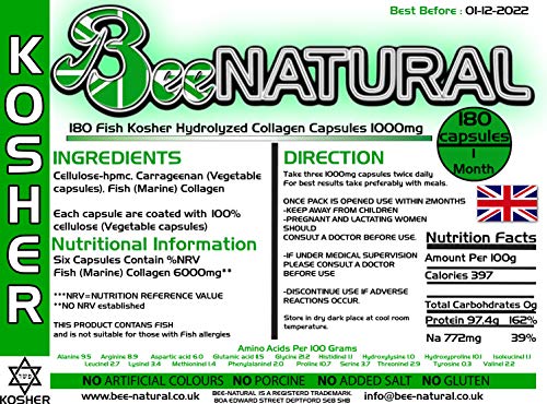 Bee-natural Kosher Pure Marine Hydrolyzed Collagen 1000mg 180 Capsules Bee-natural uk supplements