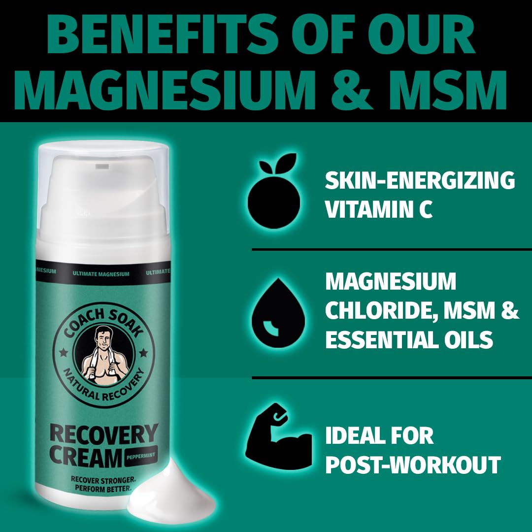 Coach Soak Magnesium Cream with MSM in Pump Bottle - Natural Recovery Cream with Magnesium Chloride & Menthol - Fast-Absorbing for Muscles & Joints, Cooling Menthol, 3.4oz Coach Soak uk supplements