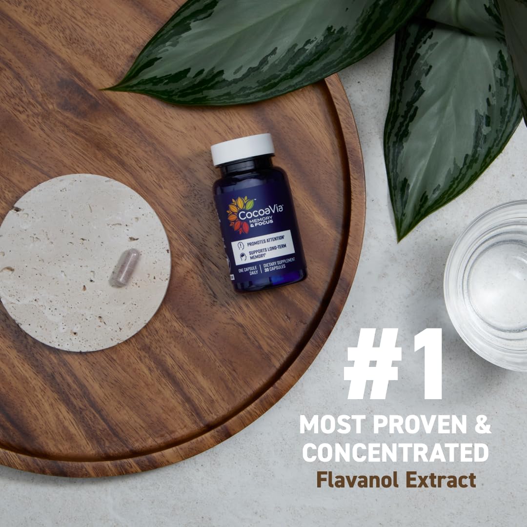 CocoaVia Memory & Focus Brain Supplement, 90 Day, Cocoa Flavanol Blend, Lutein, Added Caffeine for Boost. Improve Cognitive Function, Attention, Vegan & Plant Based, 90 Capsules CocoaVia uk supplements