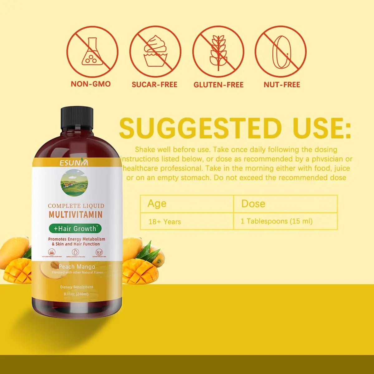 ESUNM Complete Liquid Multivitamin + Hair Growth, Promotes Energy Metabolism& Skin and Hair Function| Vitamin C D | B Vitamins | ESUNM uk supplements