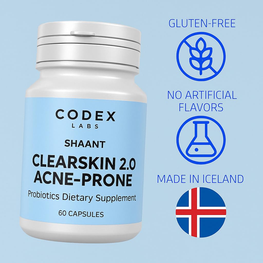 Codex Labs Shaant Clear Skin Supplement – 60 Vegan Capsules | Acne Probiotics with 9-Strain Blend, Green Tea EGCG & Guggul – Daily Support for Acne-Prone Skin & Clear Complexion Codex Labs uk supplements
