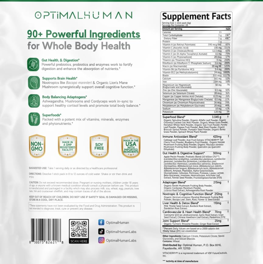 Optimal Human Superfood Greens Powder – 90+ Ingredient Blend with Lion’s Mane Supplement, Ashwagandha & Turmeric – Non-GMO, Soy-Free, Mushroom Supplements for Women – 20 Sachets O H uk supplements