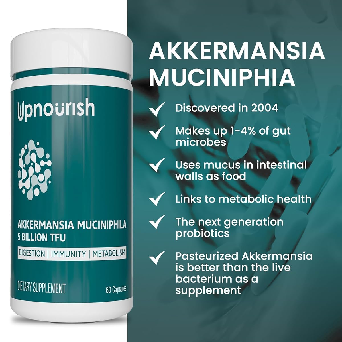 UpNourish Probiotics for GLP-1 Support, 5 Billion TFU Akkermansia Muciniphila for Digestive Health, Leaky Gut, Immunity and Metabolic Health, Prebiotics and Probiotics for Women and Men, 60 Capsules UpNourish uk supplements