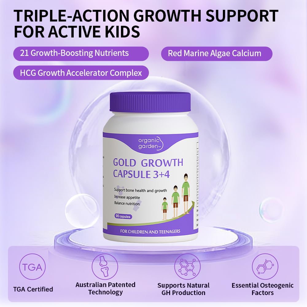 Organic Garden Natural Height Support Supplement for Teens & Young Adults - Bone Health & Growth Aid with L-Lysine, Red Algae Calcium, 19 Nutrients - 90 Capsules Organic Garden uk supplements