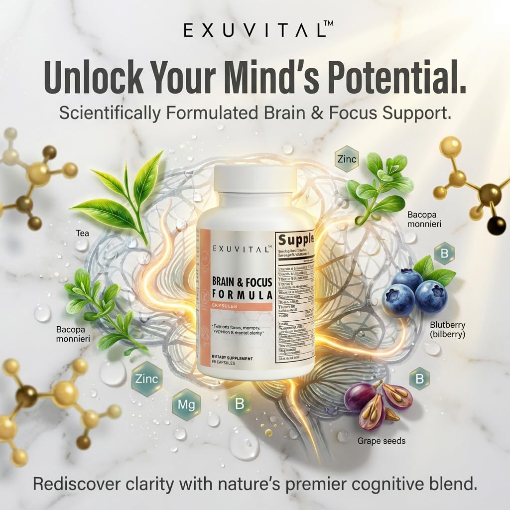 EXUVITAL Brain & Focus Formula, Veggie Capsules, 60 Count, Nootropic Supplement with Vitamins, Minerals and Proprietary Blend for Clarity, Memory, Cognition and Mental Focus EXUVITAL uk supplements