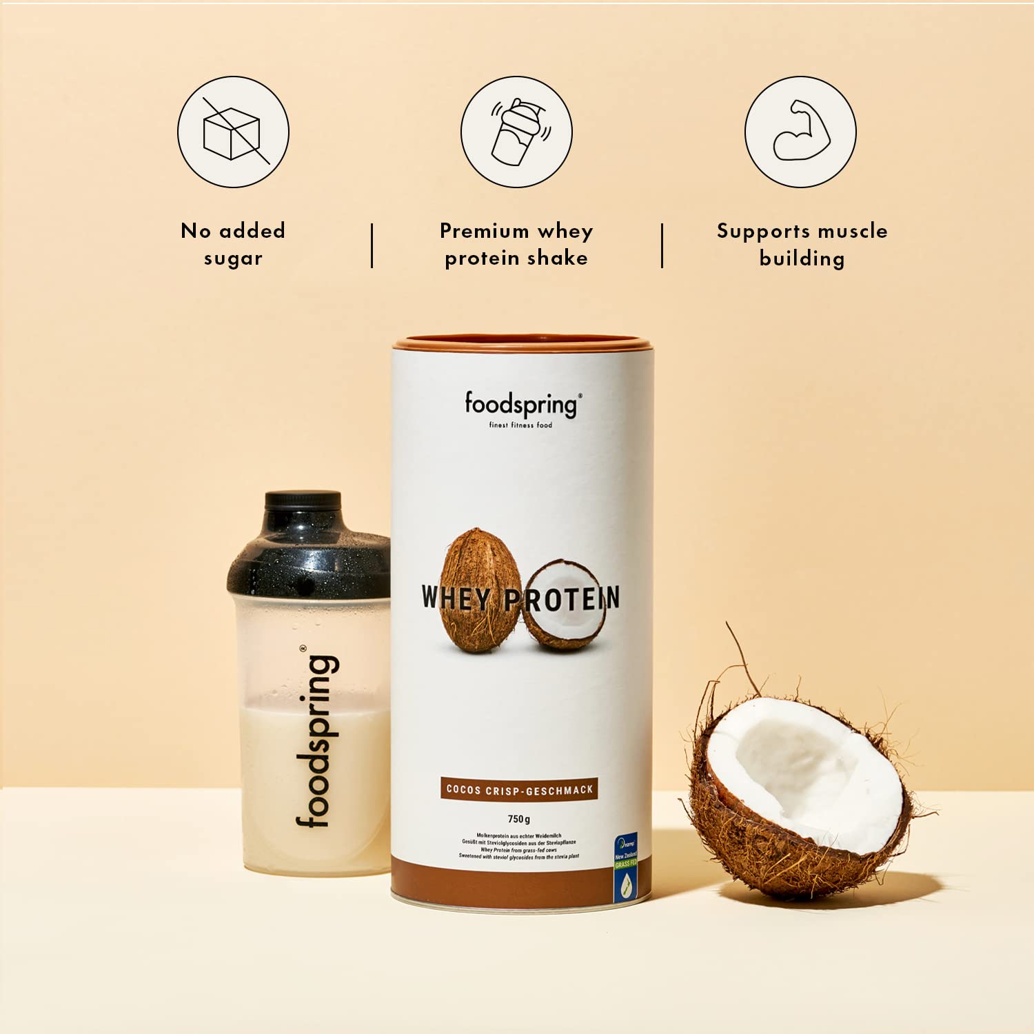 foodspring Whey Protein Powder Coconut – with 23g Protein for Muscle Building, Perfect Solubility, Made from Pasture Milk, Rich in BCAAs & EAAs - 750g foodspring uk supplements