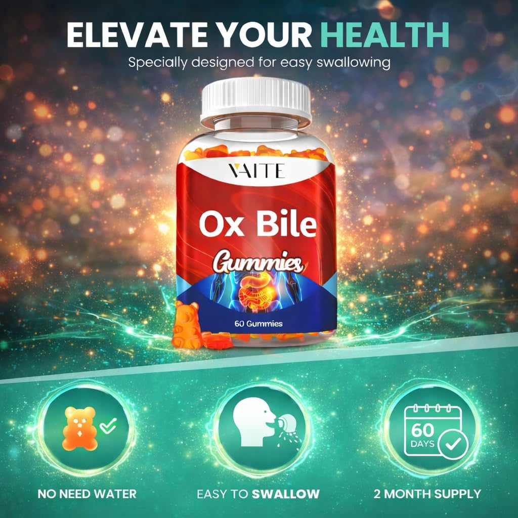 VAITE Ox Bile Gummies – 500mg Digestive Support for Gallbladder & Gut Health – Non-GMO, Sugar-Free Supplement – Helps Nutrient Absorption & Bile Flow – 60 Easy-to-Chew Bile Acid Chewables VAITE uk supplements