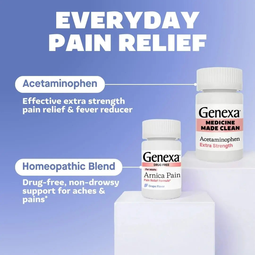 Genexa Adult Pain Relief Bundle | 500mg Acetaminophen Caplets + Homeopathic Arnica Chewables | Fast Relief for Headache, Joint & Muscle Pain | OTC + Homeopathic Combo | No Dyes or Artificial Additives Genexa uk supplements